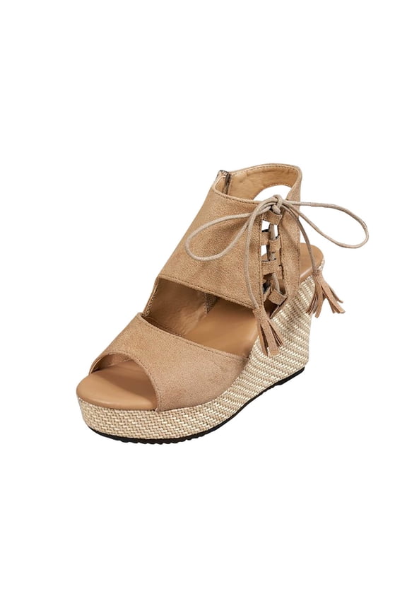 Women's Wedge Platform Sandals Peep Toe Lace-Up Ankle Strap Comfortable Casual Summer Beach Sandals, Beige Size 6