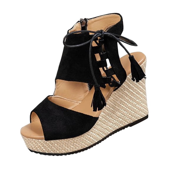 HomeDM Women's Wedge Platform Sandals Peep Toe Lace-Up Ankle Strap Comfortable Casual Summer Beach Sandals, Black Size 7