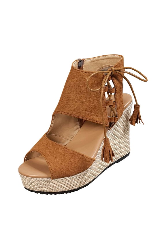 Women's Wedge Platform Sandals Peep Toe Lace-Up Ankle Strap Comfortable Casual Summer Beach Sandals, Brown Size 5.5