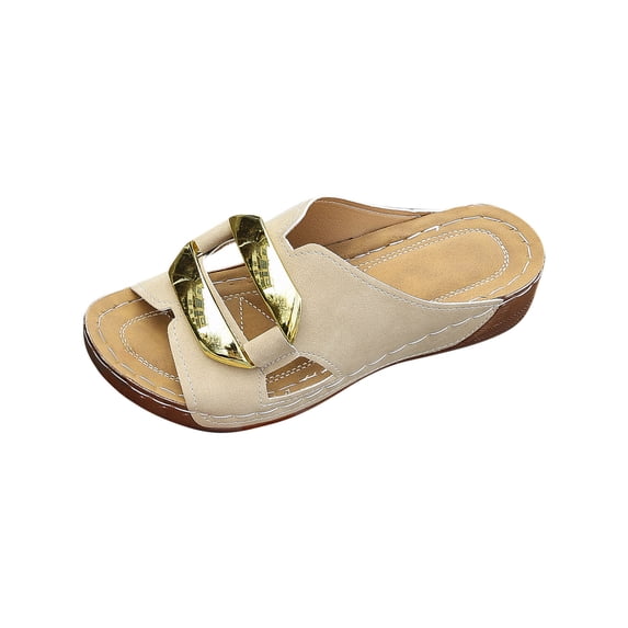HomeDM Women's Wedge Sandals Open Toe Comfort Arch Support Slip On Beach Slides Summer Walking Sandal, Khaki Size 9