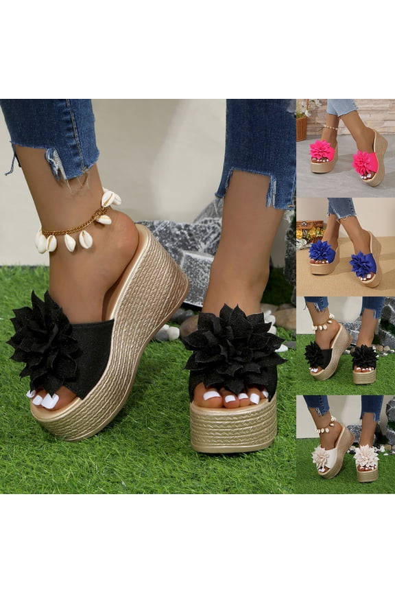 Women's Wedge Slides Sandal Espadrilles Platform Open Toe Slip On Summer High Heel Sandals, Black Size 9