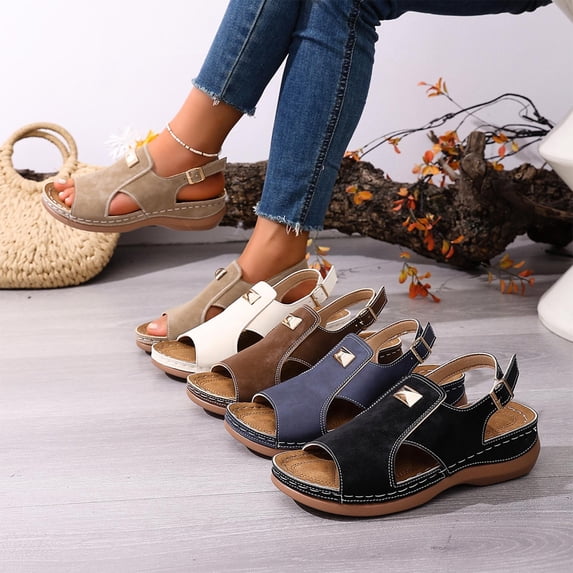 HomeDM Women's Wedge Slingback Sandals Open Toe Comfortable Arch Support Summer Walking Beach Sandals, Black Size 5.5