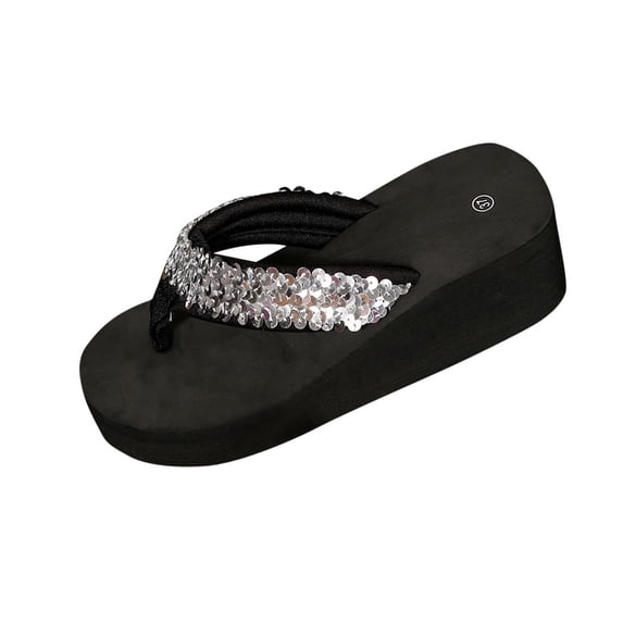 HomeDM Women's Wedge Thong Sandals Sequins Open Toe Slip-On Platform Flip Flops for Summer Beach, Silver Size 7