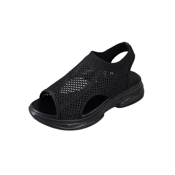 HomeDM Women's Wedge Walking Sandals Open Peep Toe Comfortable Ankle Strap Mesh Sport Summer Beach Sandals, Black Size 7