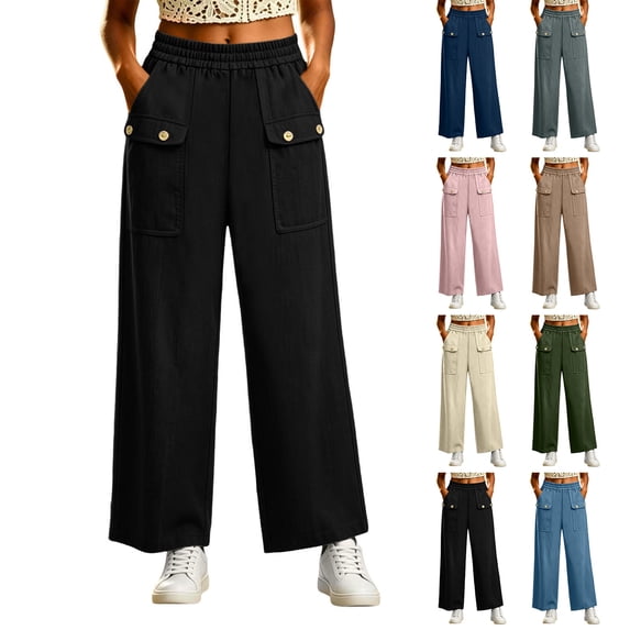 HomeDM Women's Wide Leg Capris Pants Casual Work Trousers Elastic Waist with Pockets Black Loose Lounge Size 3XL