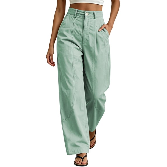 HomeDM Women's Wide Leg Pants with Pockets High Waisted Lounge Trousers Mint Green Business Casual Straight Leg Size 2XL