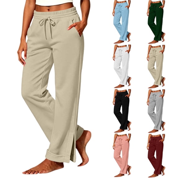 HomeDM Women's Wide Leg Sweatpants with Pockets Side Slit Hem Baggy Lounge Pants Beige Drawstring Waist Travel Joggers Size L
