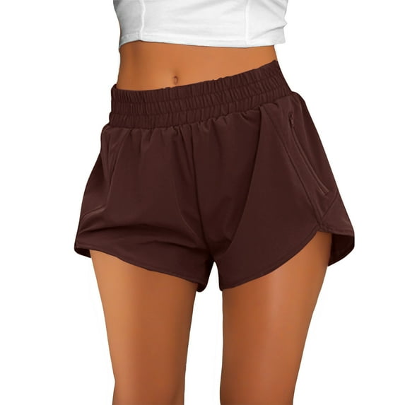 HomeDM Women's Workout Gym Shorts - Solid Color Athletic Shorts with Zipper Pockets Elastic Waist Gym Running Activewear Shorts - Brown/2XL