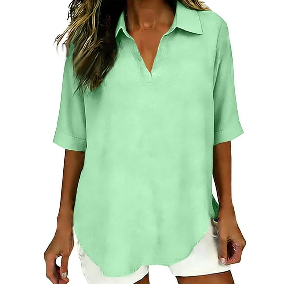 HomeDM Womens 3/4 Sleeve Collared V-Neck T Shirts, Cotton Linen Summer Solid Color Loose Fit Curved Hem Tunic Tops - Green/L