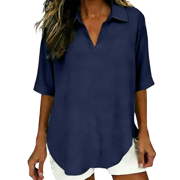 HomeDM Womens 3/4 Sleeve Collared V-Neck T Shirts, Cotton Linen Summer Solid Color Loose Fit Curved Hem Tunic Tops - Navy/XL