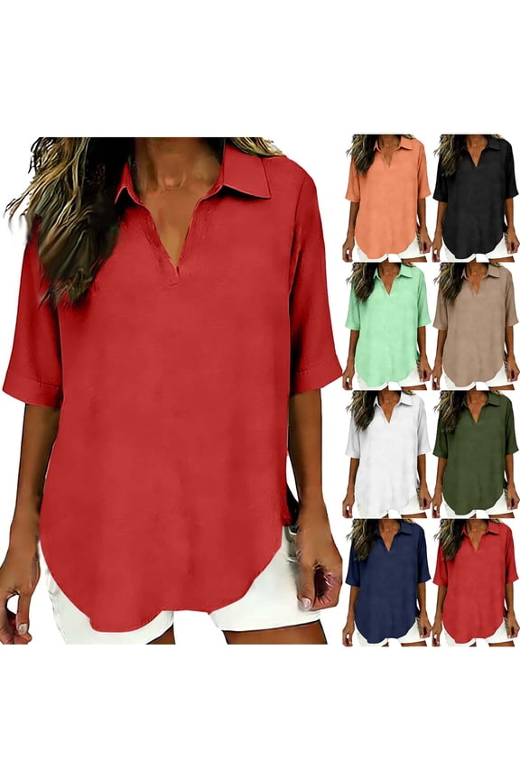 HomeDM Womens 3/4 Sleeve Collared V-Neck T Shirts, Cotton Linen Summer Solid Color Loose Fit Curved Hem Tunic Tops - Red/S