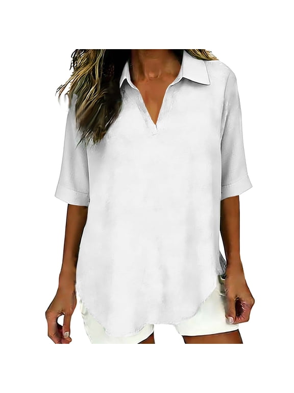 HomeDM Womens 3/4 Sleeve Collared V-Neck T Shirts, Cotton Linen Summer Solid Color Loose Fit Curved Hem Tunic Tops - White/XL