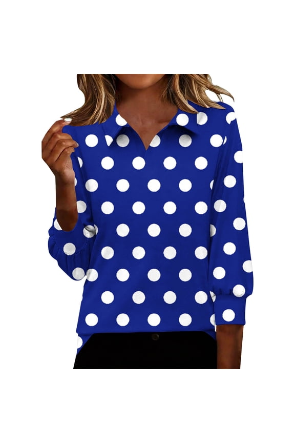 HomeDM Womens 3/4 Sleeve Shirts, Collared V Neck Dressy Polka Dot Causal Pullover Tops Loose Fit Work Blouses - Blue/XL