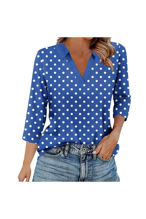 Womens 3/4 Sleeve Shirts Summer V Neck T Shirts Trendy Polka Dot Summer Fall Tops - Blue/M