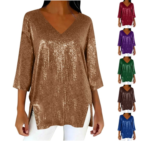 HomeDM Womens 3/4 Sleeve Shirts V-Neck Sparkly Solid Color Side Split Loose Fit Pullover Tops, Yellow
