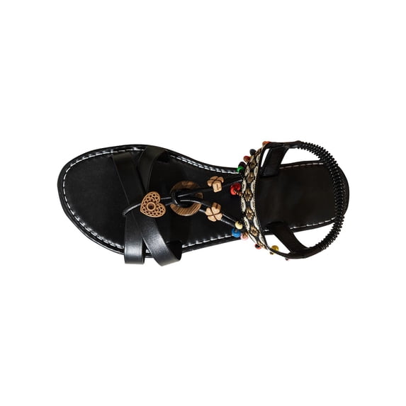 HomeDM Womens Ankle Strap Flats Sandals Bohemian Open Toe Slip-On Summer Comfortable Casual Walking Beach Sandals, Black Size 5.5