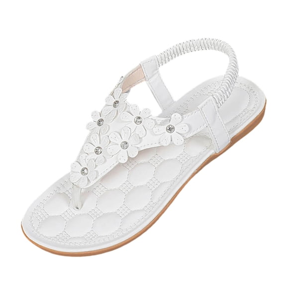 HomeDM Womens Bohemian Flat Sandals Ankle Strap Open Toe Summer Beach Thong Sandals, White Size 9
