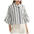 thumbnail image 1 of HomeDM Womens Button Down Shirts 3/4 Ruffled Sleeve Dressy Summer Tops, Solid Color Crop Shirts - Navy/M, 1 of 7
