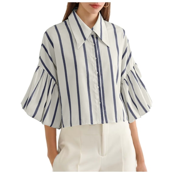 HomeDM Womens Button Down Shirts 3/4 Ruffled Sleeve Dressy Summer Tops, Solid Color Crop Shirts - Navy/M