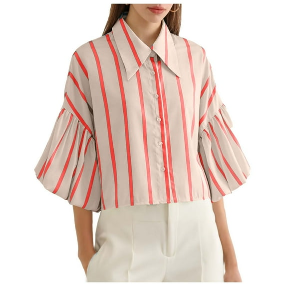 HomeDM Womens Button Down Shirts 3/4 Ruffled Sleeve Dressy Summer Tops, Solid Color Crop Shirts - Orange/M