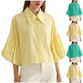 thumbnail image 1 of HomeDM Womens Button Down Shirts 3/4 Ruffled Sleeve Dressy Summer Tops, Solid Color Crop Shirts - Yellow/M, 1 of 8