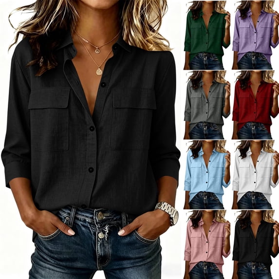 HomeDM Womens Button Down Shirts 3/4 Sleeve Summer Collared V-Neck Tops with Pockets Black Size XL