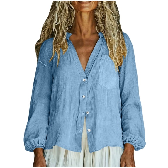 HomeDM Womens Button Down Shirts, Long Sleeve Cotton Linen V Neck Casual Loose Fit Summer Tops Solid Color - Light Blue/S