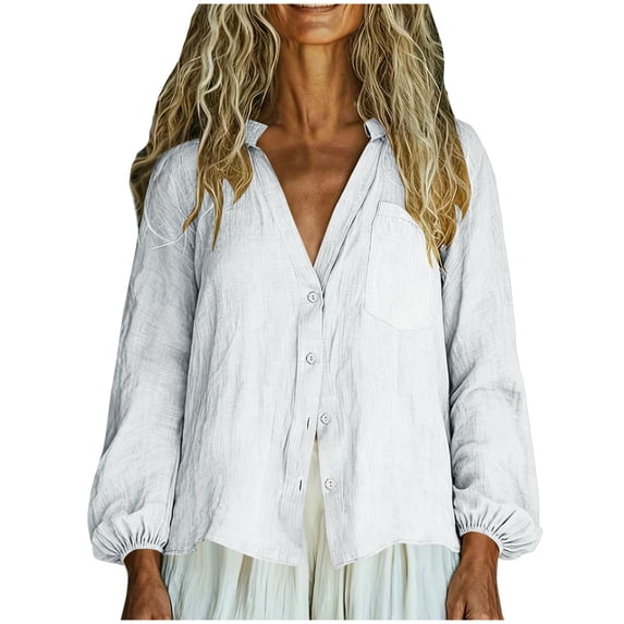 HomeDM Womens Button Down Shirts, Long Sleeve Cotton Linen V Neck Casual Loose Fit Summer Tops Solid Color - White/2XL