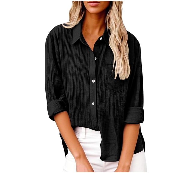 HomeDM Womens Button Down Shirts, Long Sleeve Texture Business Work Blouses Dressy Casual Collared Tops - Black/S