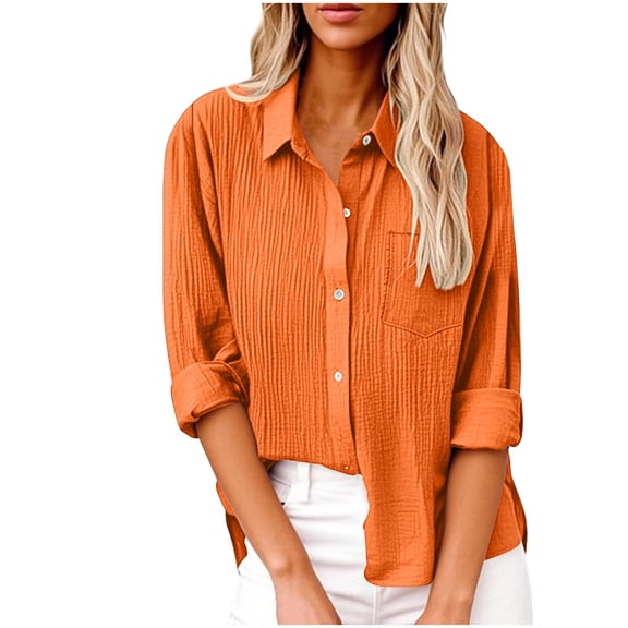 HomeDM Womens Button Down Shirts, Long Sleeve Texture Business Work Blouses Dressy Casual Collared Tops - Orange/2XL