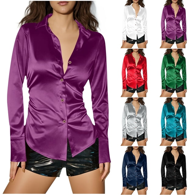 HomeDM Womens Button Down Shirts, Long Sleeve Work Dress Shirts, V Neck Collared Business Casual Dressy Blouses - Purple/L