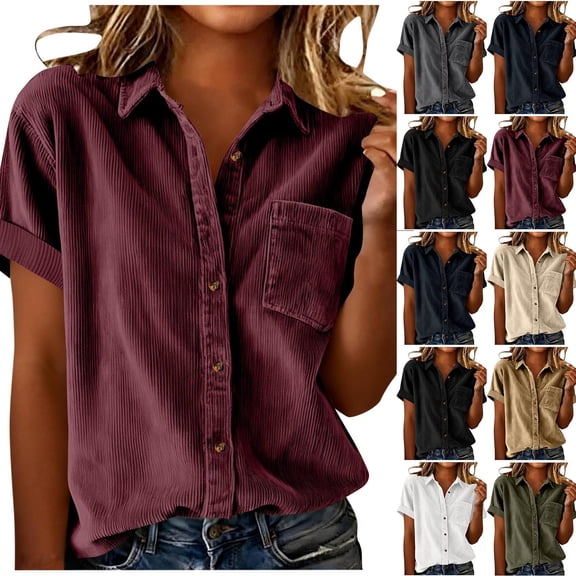 HomeDM Womens Button Down V-Neck Shirts, Corduroy Short Sleeve Solid Color Loose Fit Work Tops - Wine/S