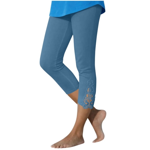 HomeDM Womens Capri Leggings High Waisted Lace Trim Bottom Light Blue Workout Athletic Running Yoga Pants Size M
