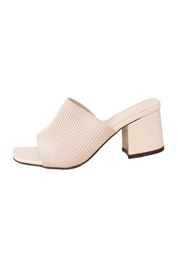 Womens Chunky Block Heels Sandals Square Open Toe Casual Comfort Slip-On Slides Dress Shoes, Beige Size 7.5