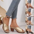 thumbnail image 1 of HomeDM Womens Chunky Heel Sandals Summer Slip On Open Toe Dressy Low Block Heel Mules, Gold Size 5.5, 1 of 9