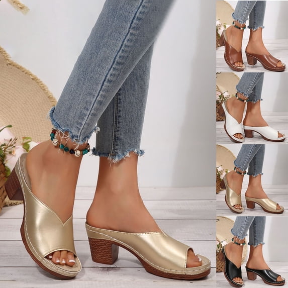 HomeDM Womens Chunky Heel Sandals Summer Slip On Open Toe Dressy Low Block Heel Mules, Gold Size 5.5