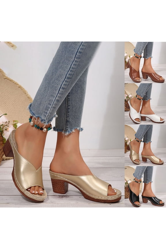 Womens Chunky Heel Sandals Summer Slip On Open Toe Dressy Low Block Heel Mules, Gold Size 6