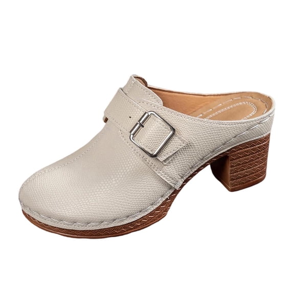 HomeDM Womens Chunky Mules Low Block Heels Closed Toe Slip-on Sandals Summer Vacation Backless Clogs, Beige Size 9