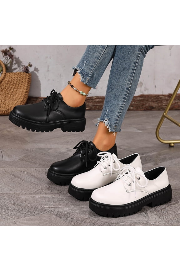Womens Chunky Platform Loafers Closed Round Toe Lace Up Casual Comfort Business Work Office Dress Shoes, White Size 6