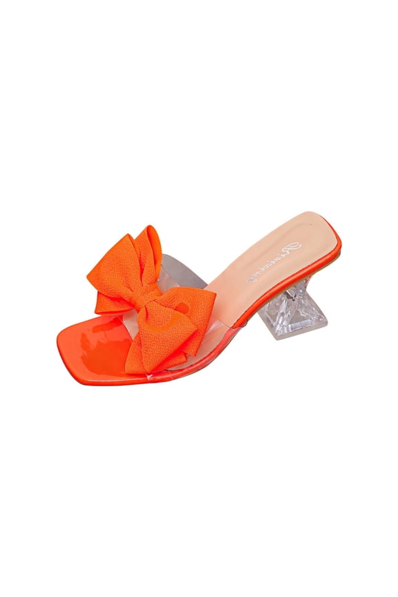 Womens Clear Block Heels Slides Sandals Dressy Bowknot Square Open Toe Slip On Comfortable Mules, Orange Size 6.5
