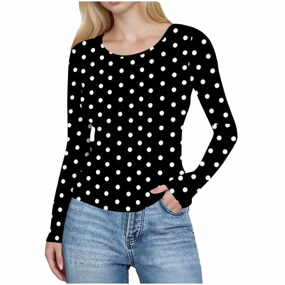 HomeDM Womens Crew Neck Long Sleeve Shirts Slim Fit Ribbed Pullover Tops Polka Dot Layering Tee Shirts - Black/XL