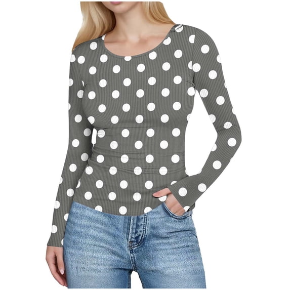HomeDM Womens Crew Neck Long Sleeve Shirts Slim Fit Ribbed Pullover Tops Polka Dot Layering Tee Shirts - Gray/XL