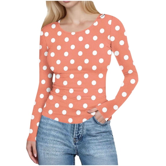 HomeDM Womens Crew Neck Long Sleeve Shirts Slim Fit Ribbed Pullover Tops Polka Dot Layering Tee Shirts - Orange/L