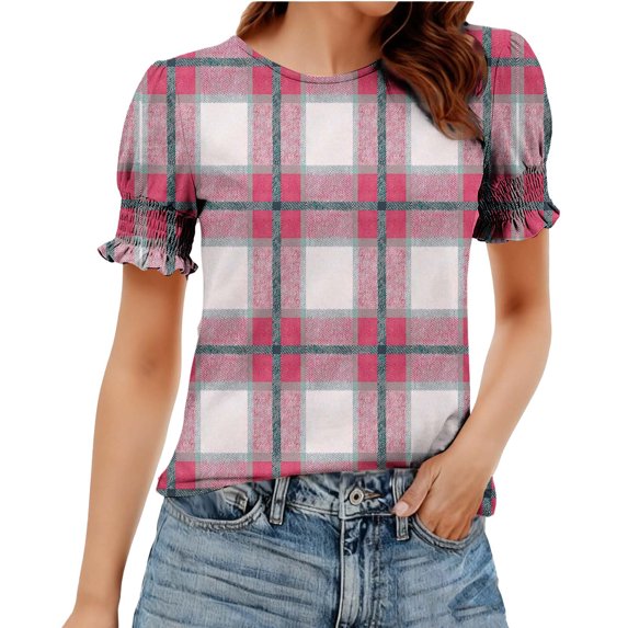 HomeDM Womens Crew Neck T-Shirts Trendy Smocked Cuffs Short Sleeve Casual Summer Plaid Tops - Hot Pink/S