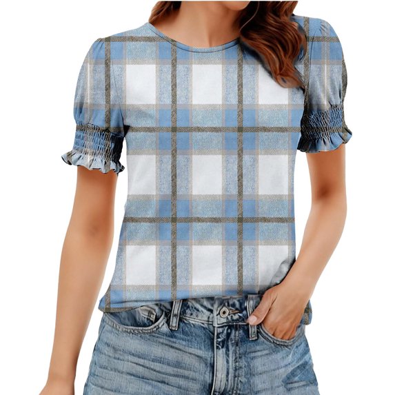 HomeDM Womens Crew Neck T-Shirts Trendy Smocked Cuffs Short Sleeve Casual Summer Plaid Tops - Sky Blue/M