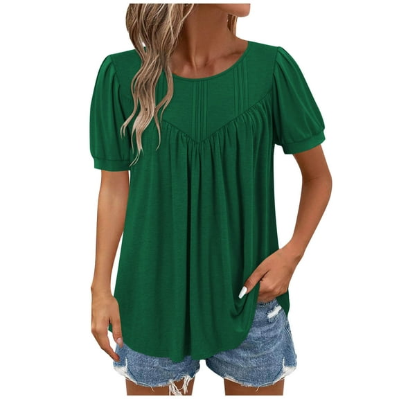 HomeDM Womens Crew Neck Tops Trendy Puff Short Sleeve T Shirts Solid Color Casual Business Work Elegant Summer Tops - Army Green/M
