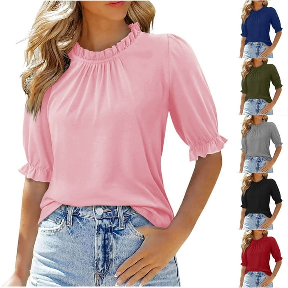 HomeDM Womens Crew Neck Tops Trendy Ruffle 3/4 Sleeve T-Shirts Solid Color Business Work Elegant Shirts - Pink/S