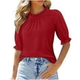 thumbnail image 1 of HomeDM Womens Crew Neck Tops Trendy Ruffle 3/4 Sleeve T-Shirts Solid Color Business Work Elegant Shirts - Red/L, 1 of 7
