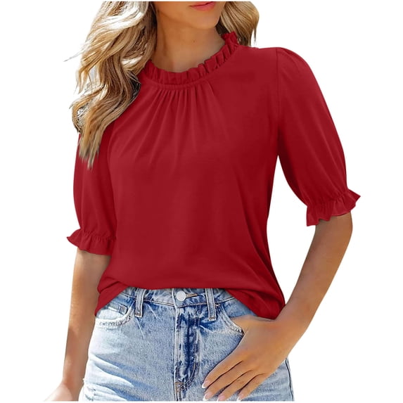 HomeDM Womens Crew Neck Tops Trendy Ruffle 3/4 Sleeve T-Shirts Solid Color Business Work Elegant Shirts - Red/L