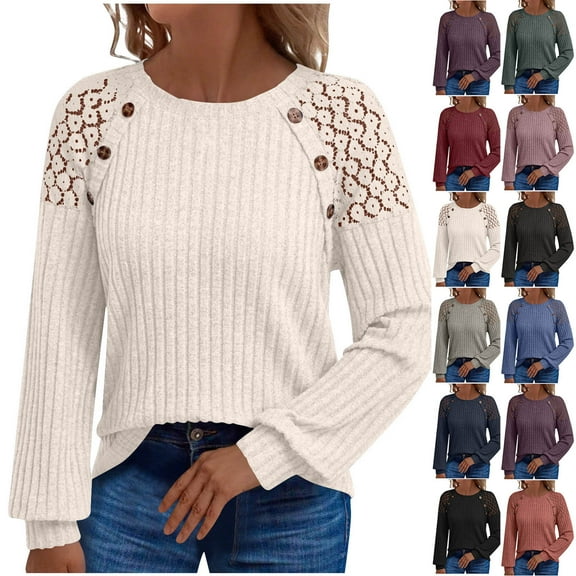 HomeDM Womens Crewneck Shirts Lace Long Sleeve Tops Solid Color Dressy Business Work T-Shirts Casual Fall Knitted Blouses - Beige/L